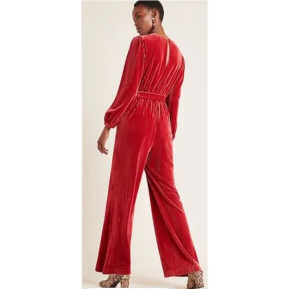 Anthropologie Ali & Jay Jumpsuit Womens M Ruby Red Velvet Pleated Wrap V-Neck - Picture 2 of 13